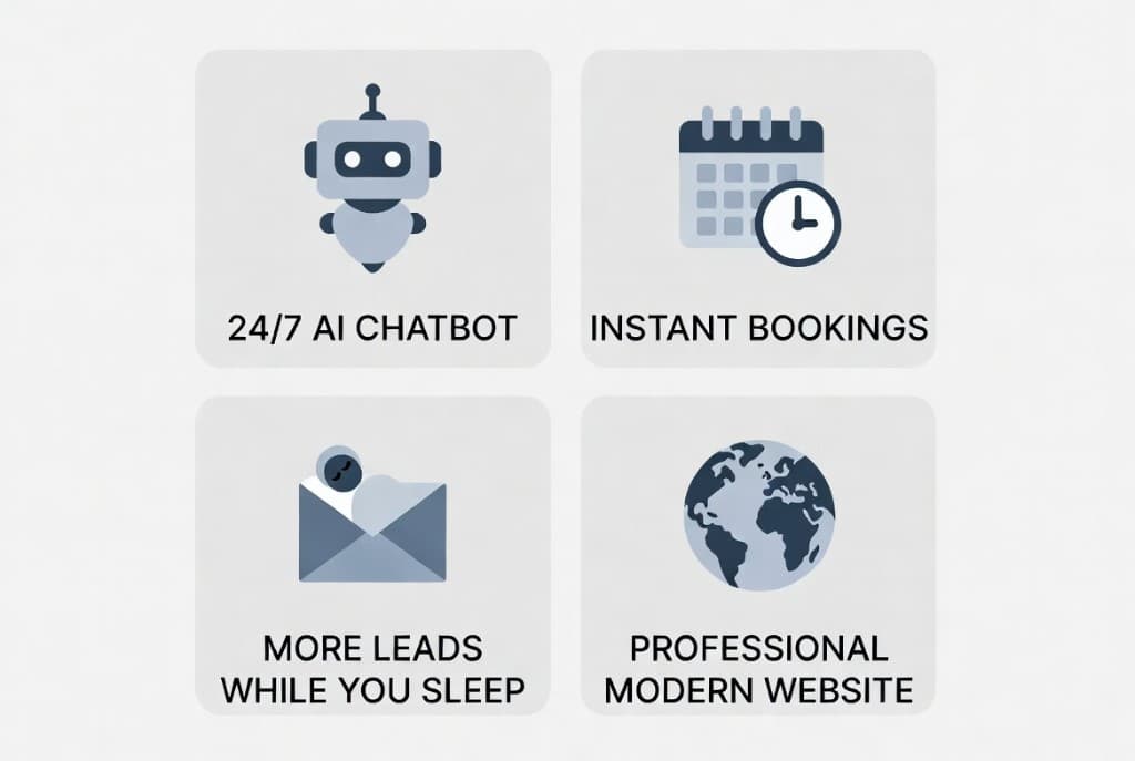 24/7 AI chatbot, instant bookings, more leads while you sleep, professional modern website